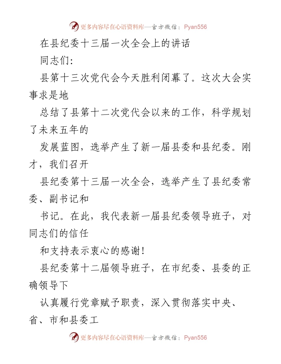 [发言] 县纪委十三届一次全会 - 新一届县纪委书记的工作承诺与展望.docx_第1页