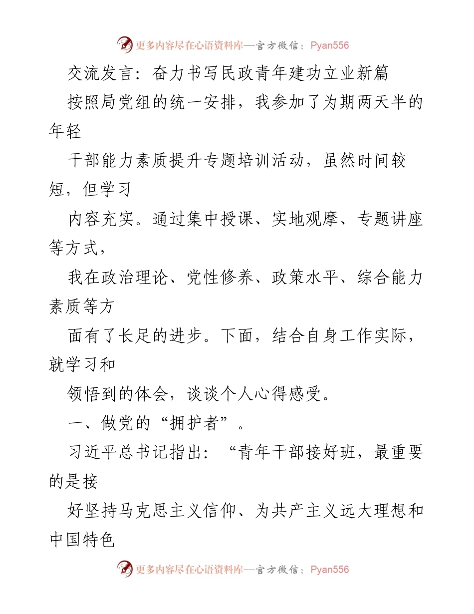 [发言] 培训活动 - 青年干部的责任与使命：坚定信仰与实干精神.docx_第1页