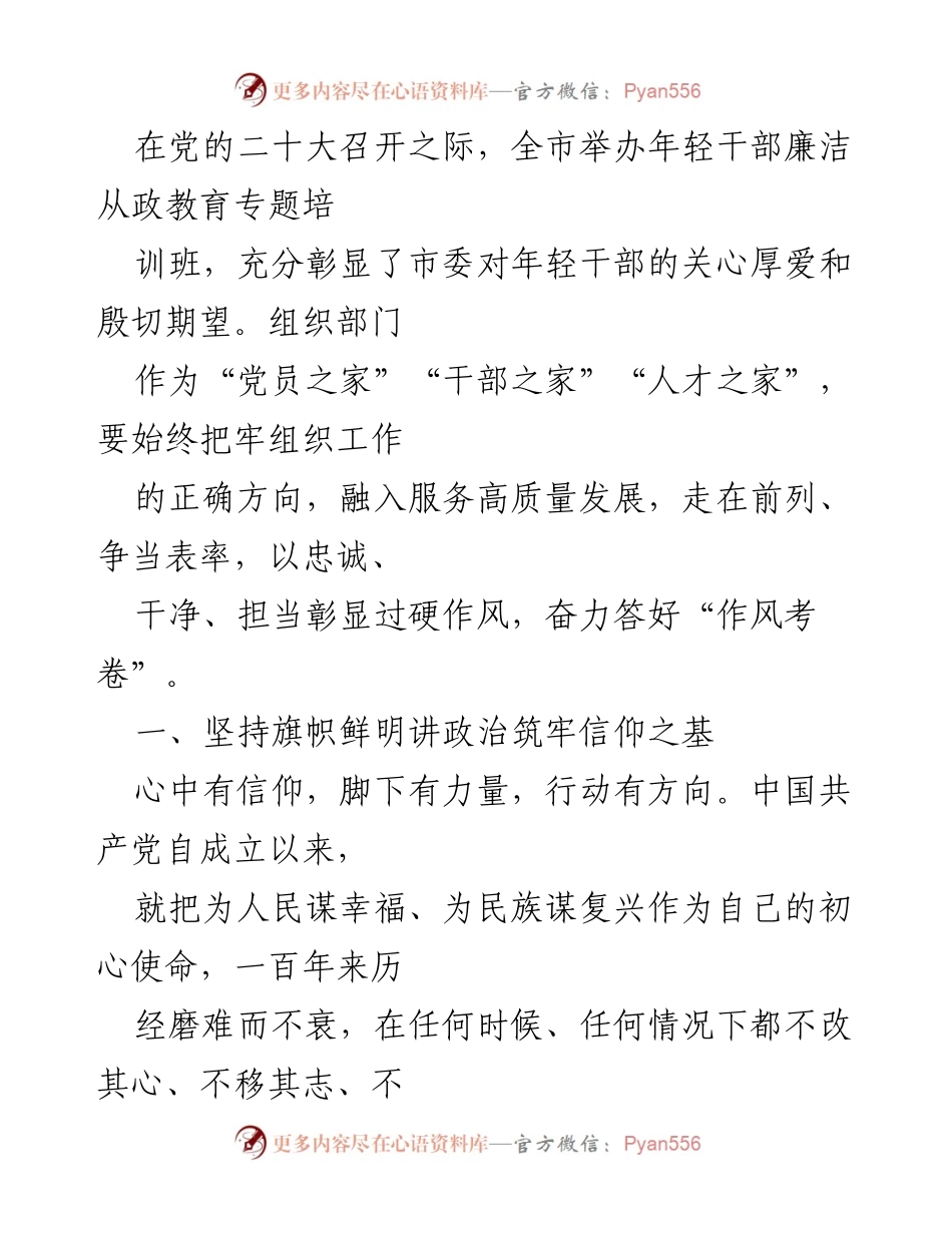 [发言] 培训班 - 年轻干部廉洁从政教育的重要性与实践要求.docx_第1页