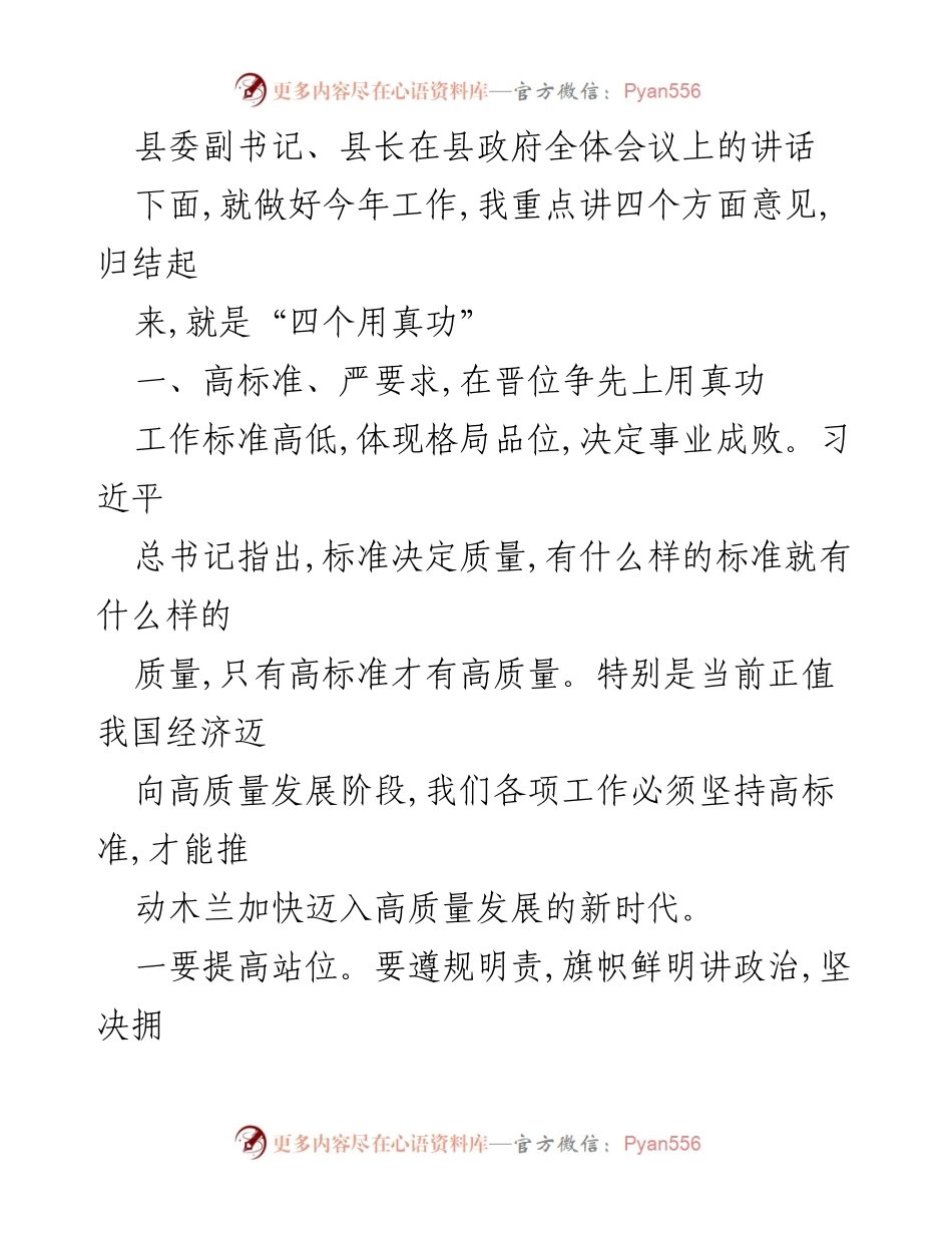 [发言] 县政府全体会议 - 提升工作标准，推动高质量发展.docx_第1页