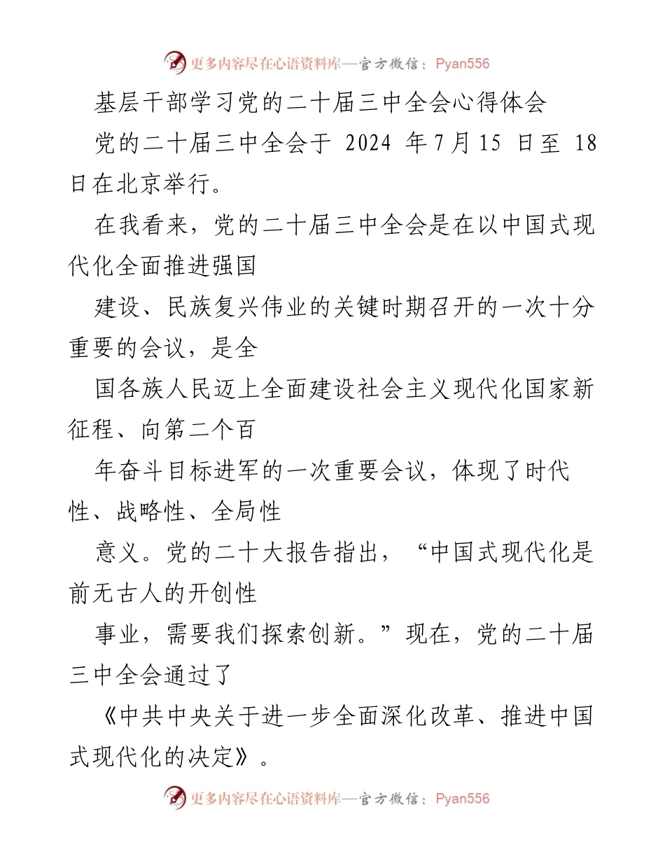 [发言] 基层干部学习会 - 学习贯彻党的二十届三中全会精神的重要性与实践路径.docx_第1页