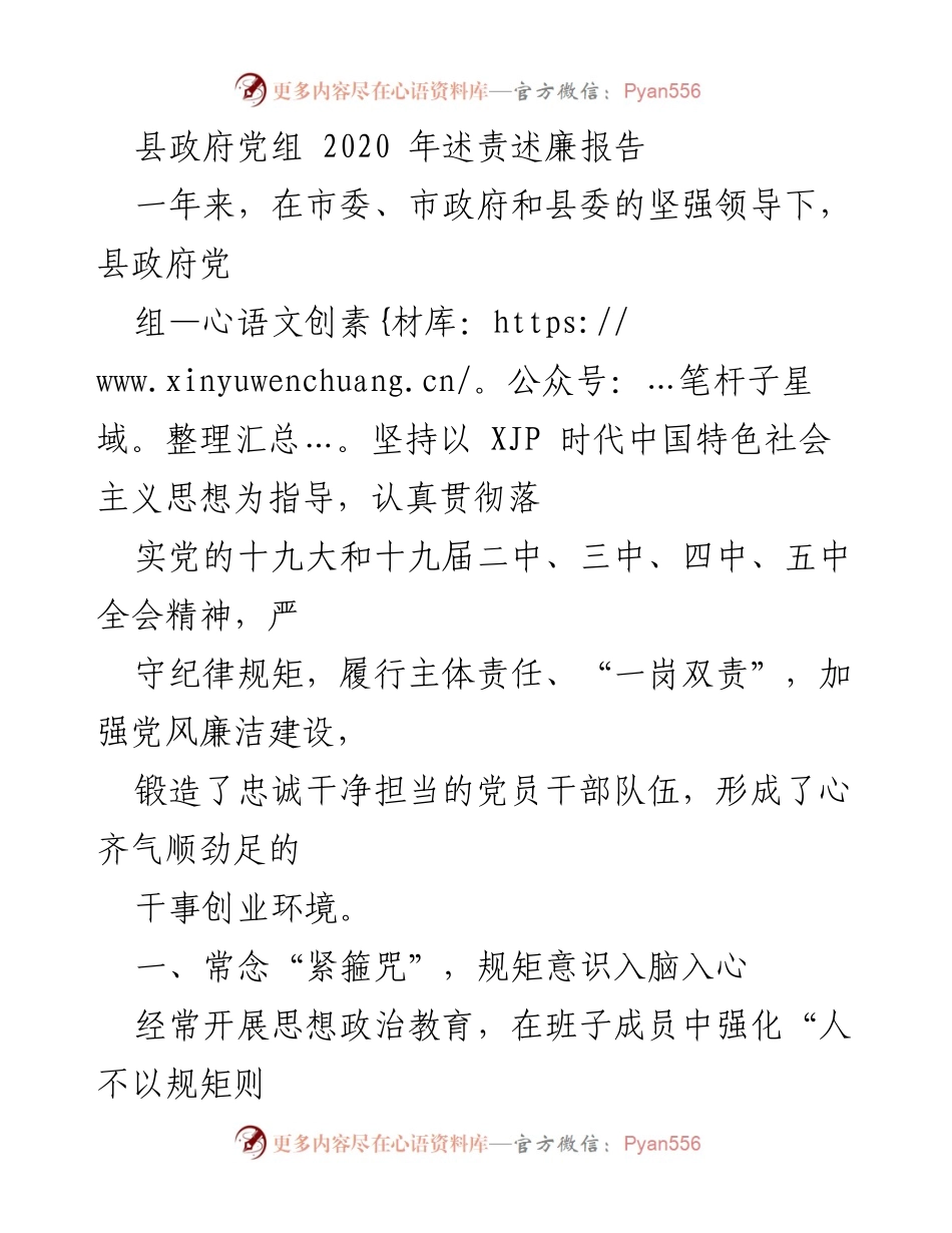 [发言] 县政府党组会议 - 县政府党组2020年述责述廉报告总结.docx_第1页