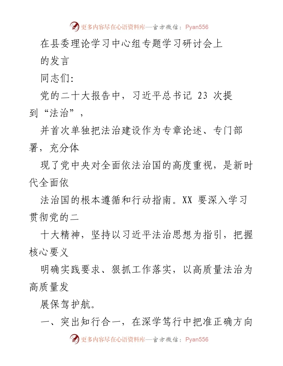 [发言] 县委理论学习中心组专题学习研讨会 - 深入学习习近平法治思想，推动法治建设助力高质量发展.docx_第1页