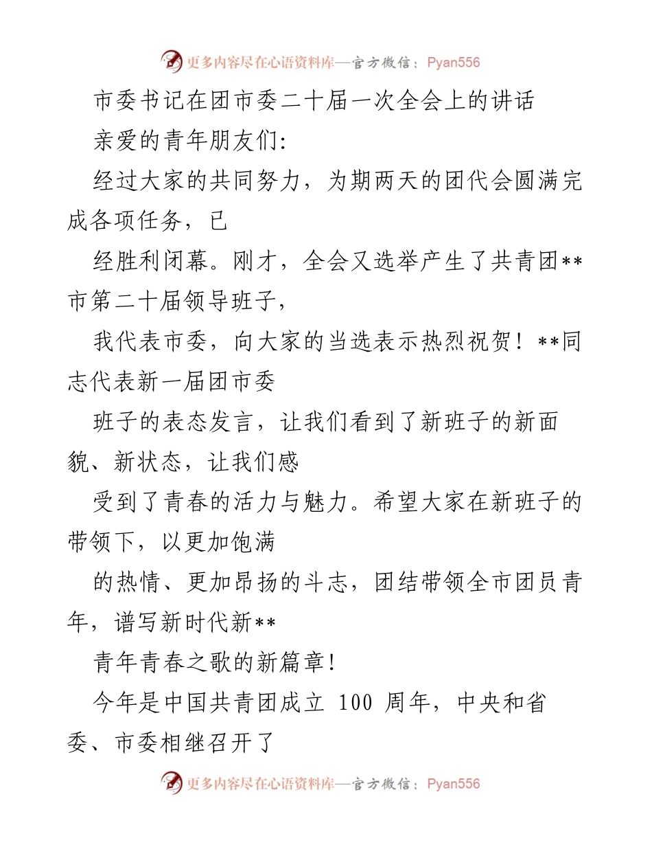 [发言] 团市委二十届一次全会 - 青春之歌：新一届团市委的希望与担当.docx_第1页