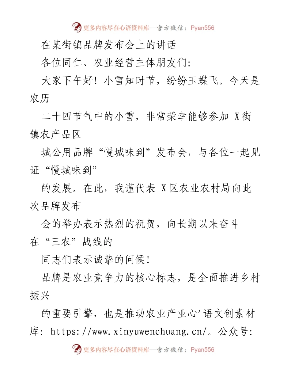 [发言] 品牌发布会 - 推动“慢城味到”品牌发展的讲话.docx_第1页