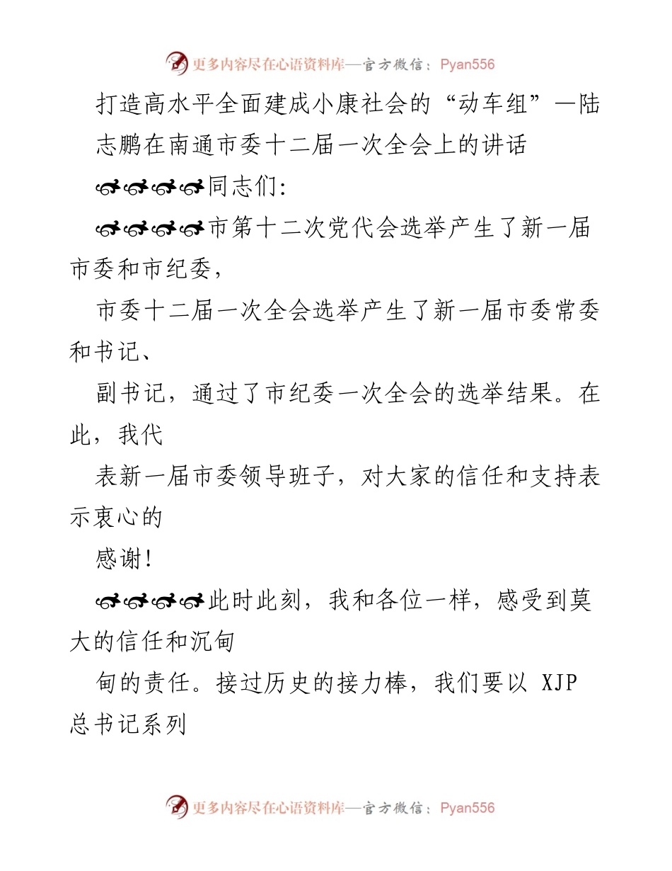 [发言] 南通市委全会 - 打造高水平全面建成小康社会的“动车组”.docx_第1页