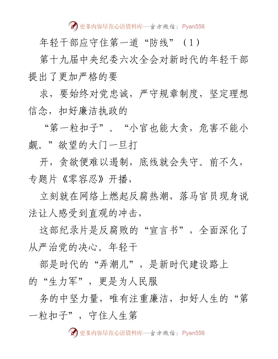 [发言] 反腐倡廉主题会议 - 年轻干部应守住廉洁执政的“第一道防线”.docx_第1页
