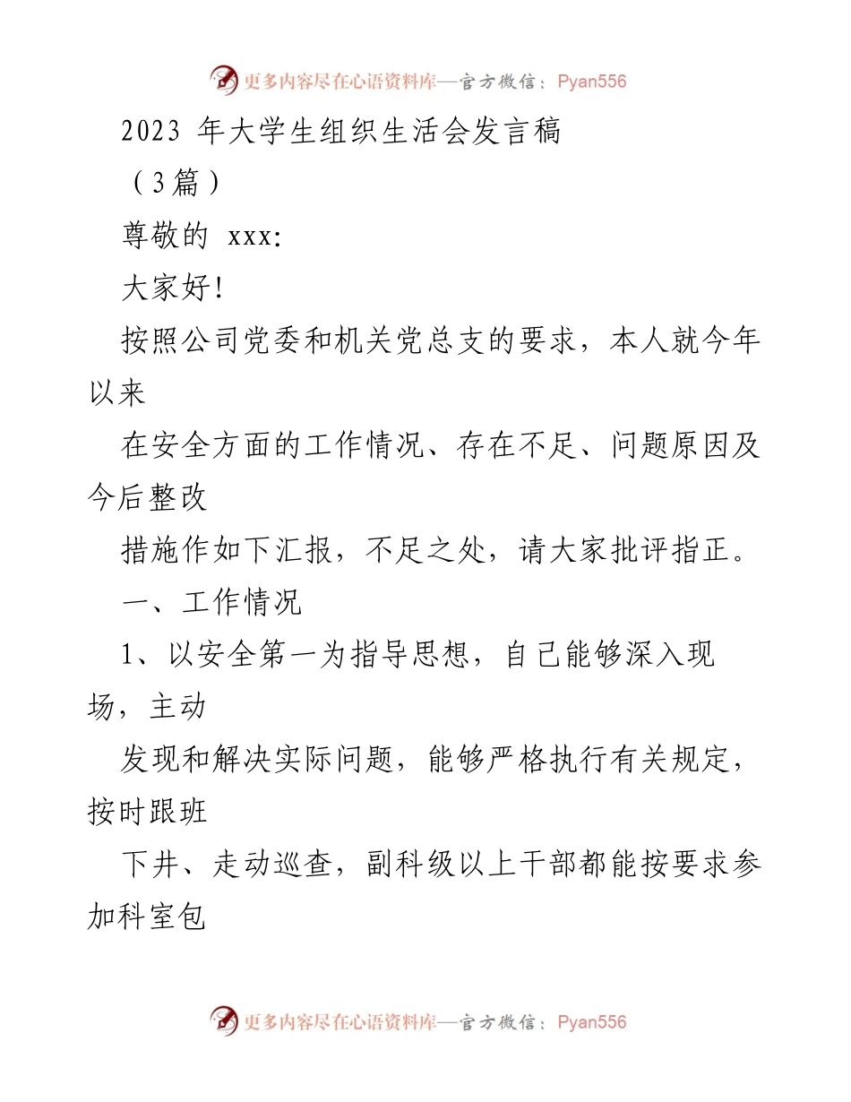 [发言] 大学生组织生活会 - 2023年安全工作汇报与整改措施发言稿.docx_第1页
