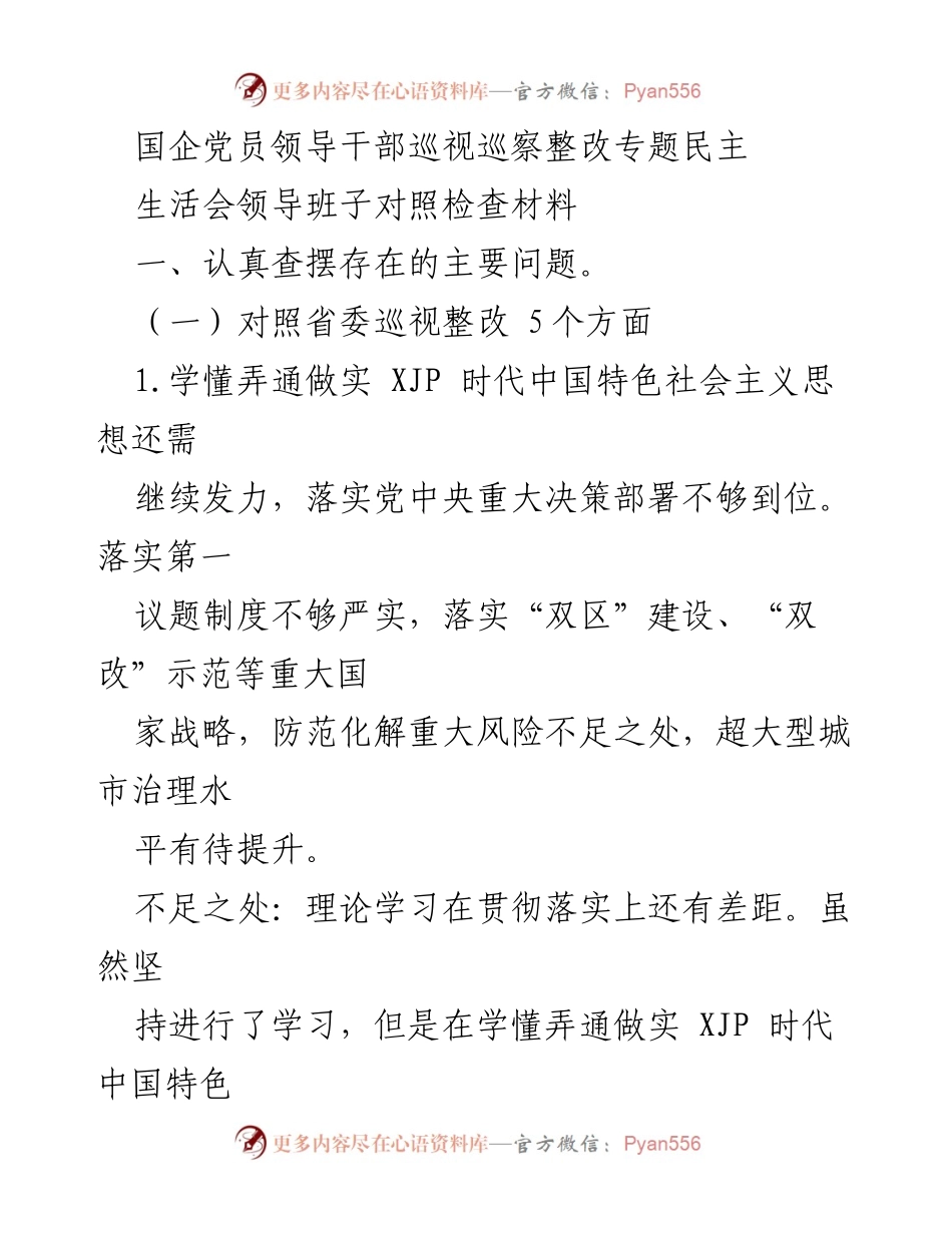 [发言] 国企党员领导干部巡视巡察整改专题民主生活会 - 党员领导干部巡视整改问题对照检查与反思.docx_第1页