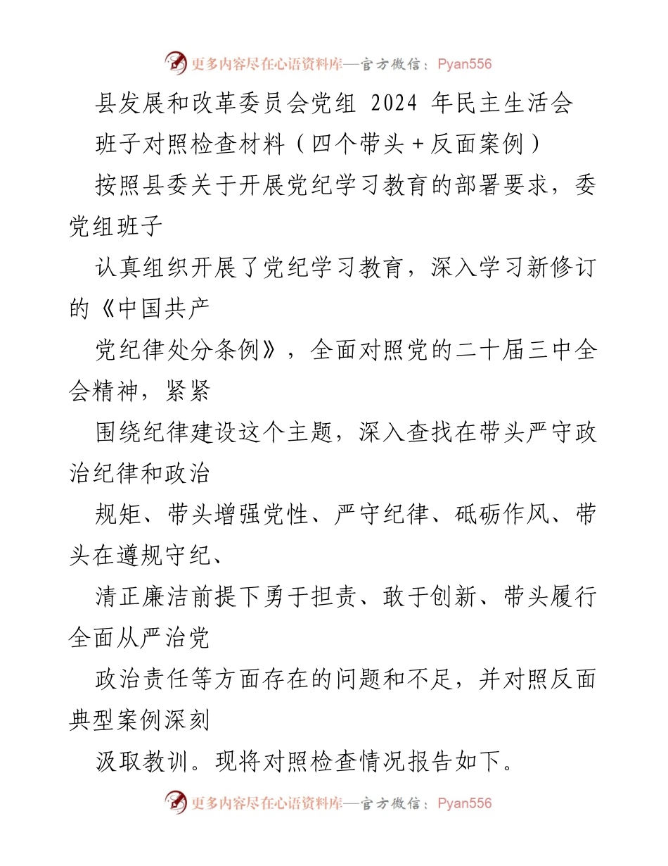 [发言] 县发展和改革委员会 - 2024年民主生活会班子对照检查材料总结.docx_第1页
