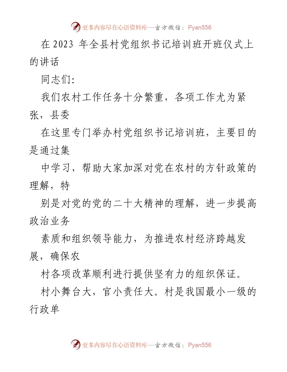 [发言] 培训班开班 - 加强农村党组织书记培训的重要性与意义.docx_第1页