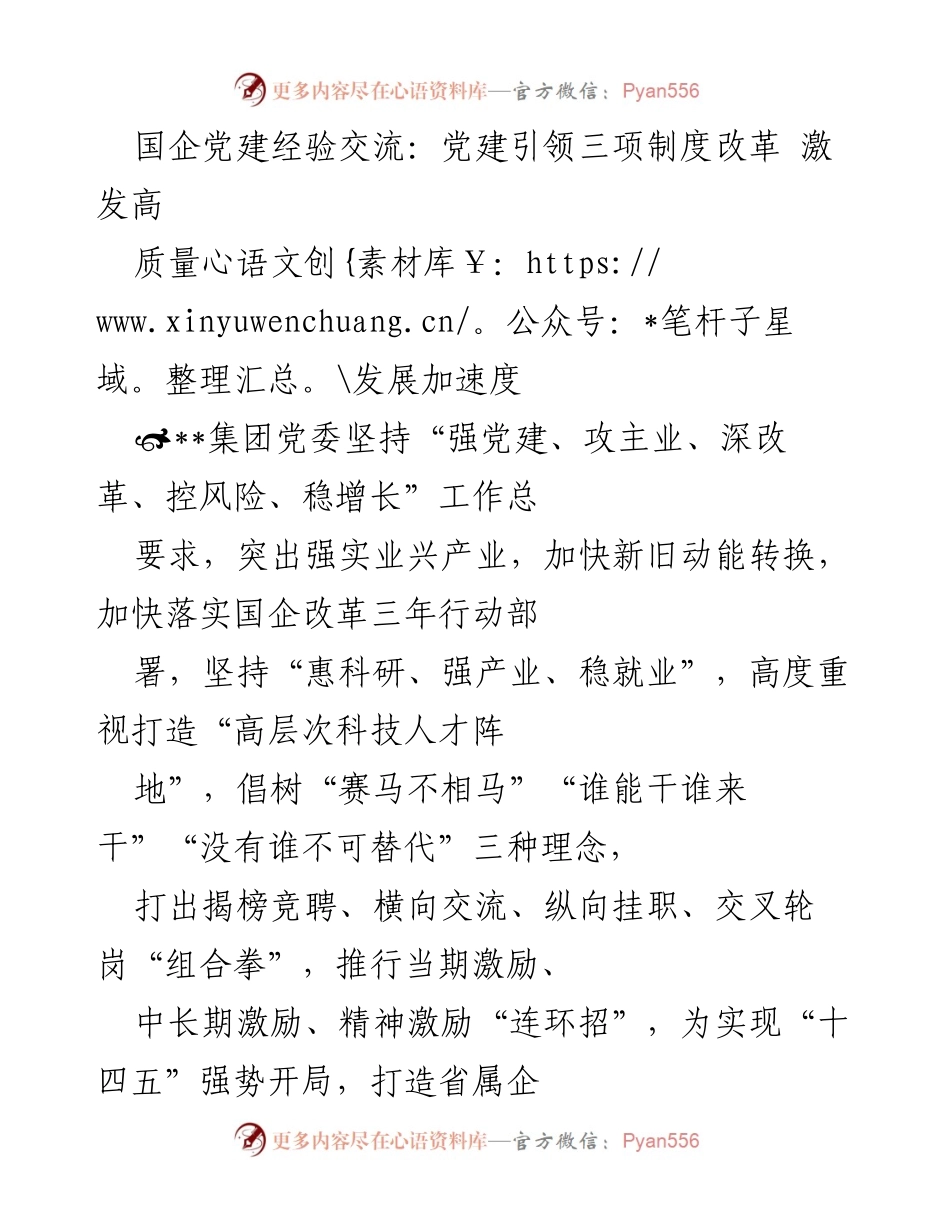 [发言] 国企党建经验交流会 - 党建引领三项制度改革助力高质量发展.docx_第1页