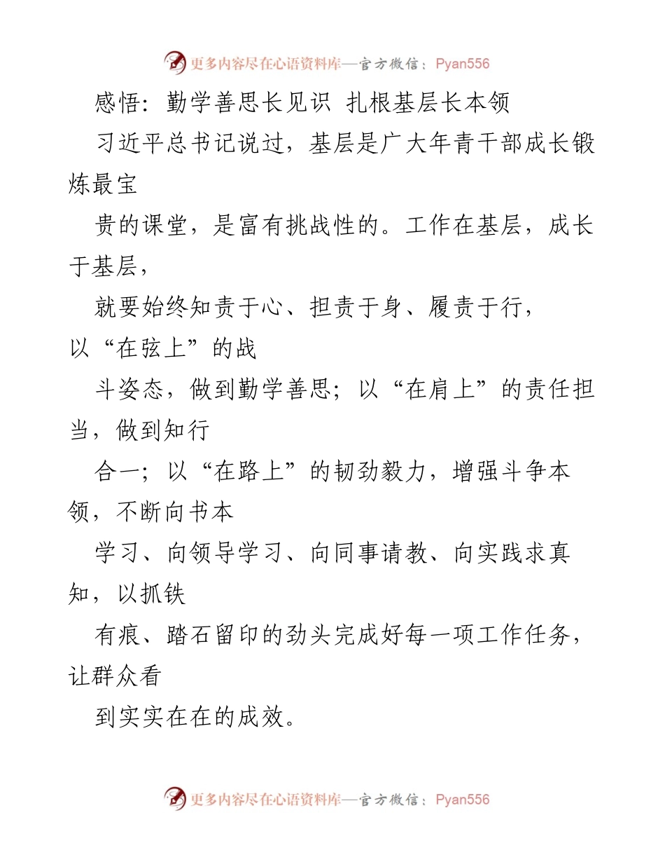 [发言] 基层工作交流会 - 勤学善思，扎根基层：年轻干部的成长之路.docx_第1页