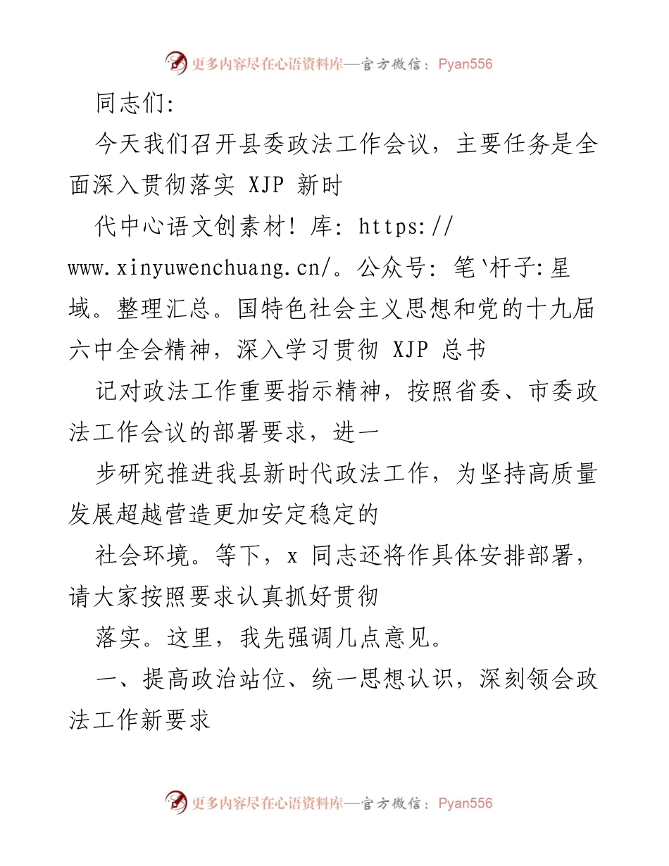 [发言] 县委政法工作会议 - 深入贯彻落实新时代政法工作要求.docx_第1页