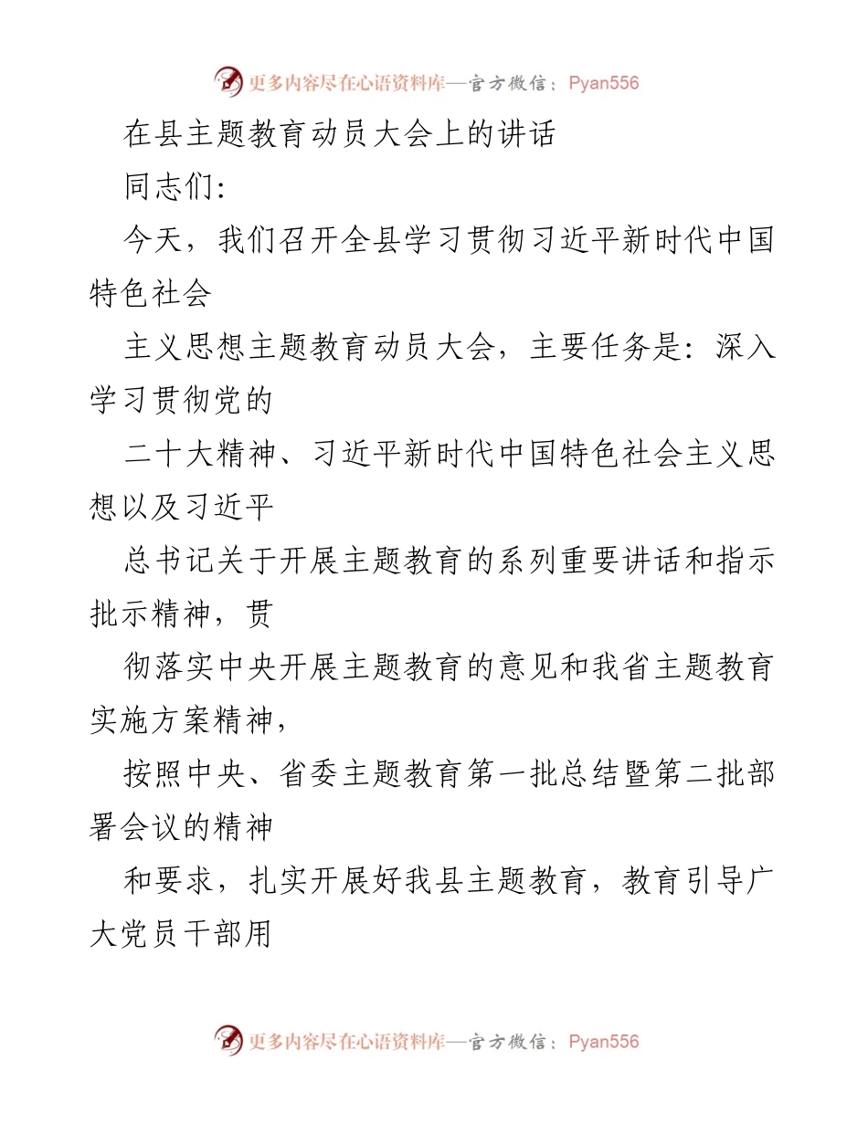 [发言] 县主题教育动员大会 - 深入学习贯彻习近平新时代中国特色社会主义思想，扎实开展主题教育.docx_第1页
