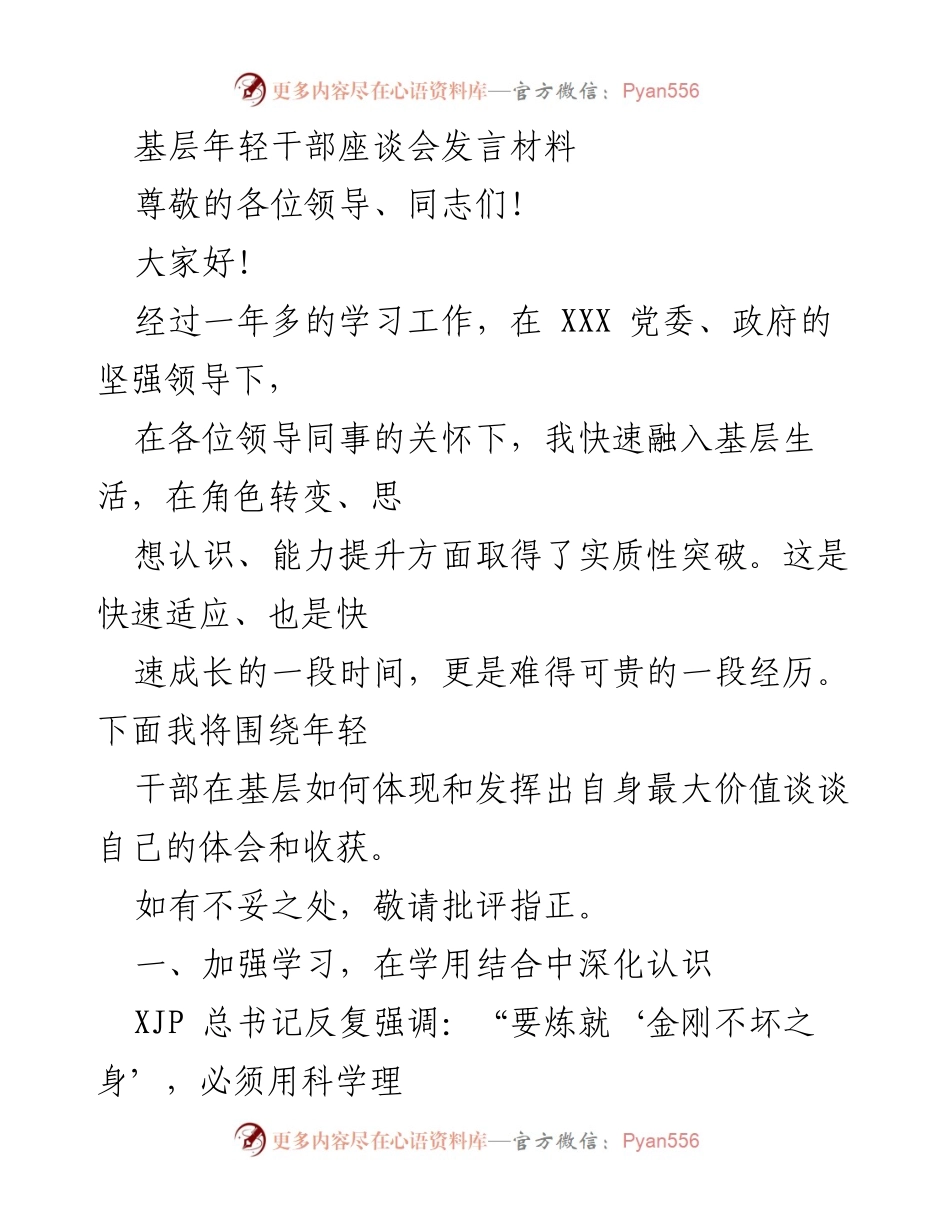 [发言] 基层年轻干部座谈会 - 年轻干部在基层的成长与价值体现.docx_第1页