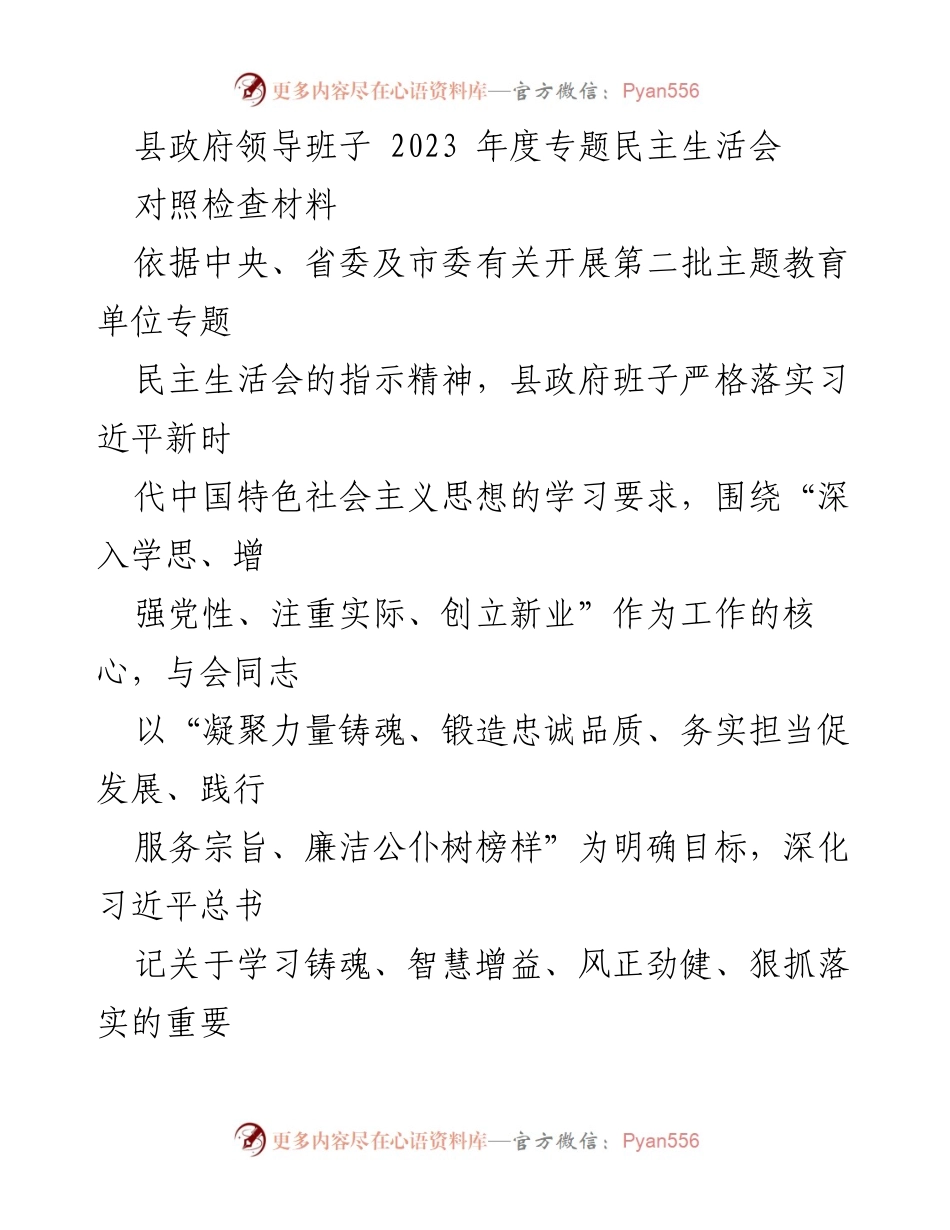 [发言] 县政府领导班子专题民主生活会 - 深入学习贯彻习近平新时代中国特色社会主义思想，提升政府班子政治能力与服务水平.docx_第1页