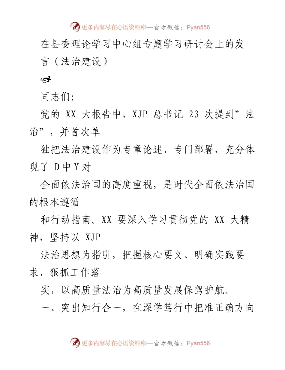 [发言] 县委理论学习中心组专题学习研讨会 - 深入学习法治思想，推动法治建设助力高质量发展.docx_第1页