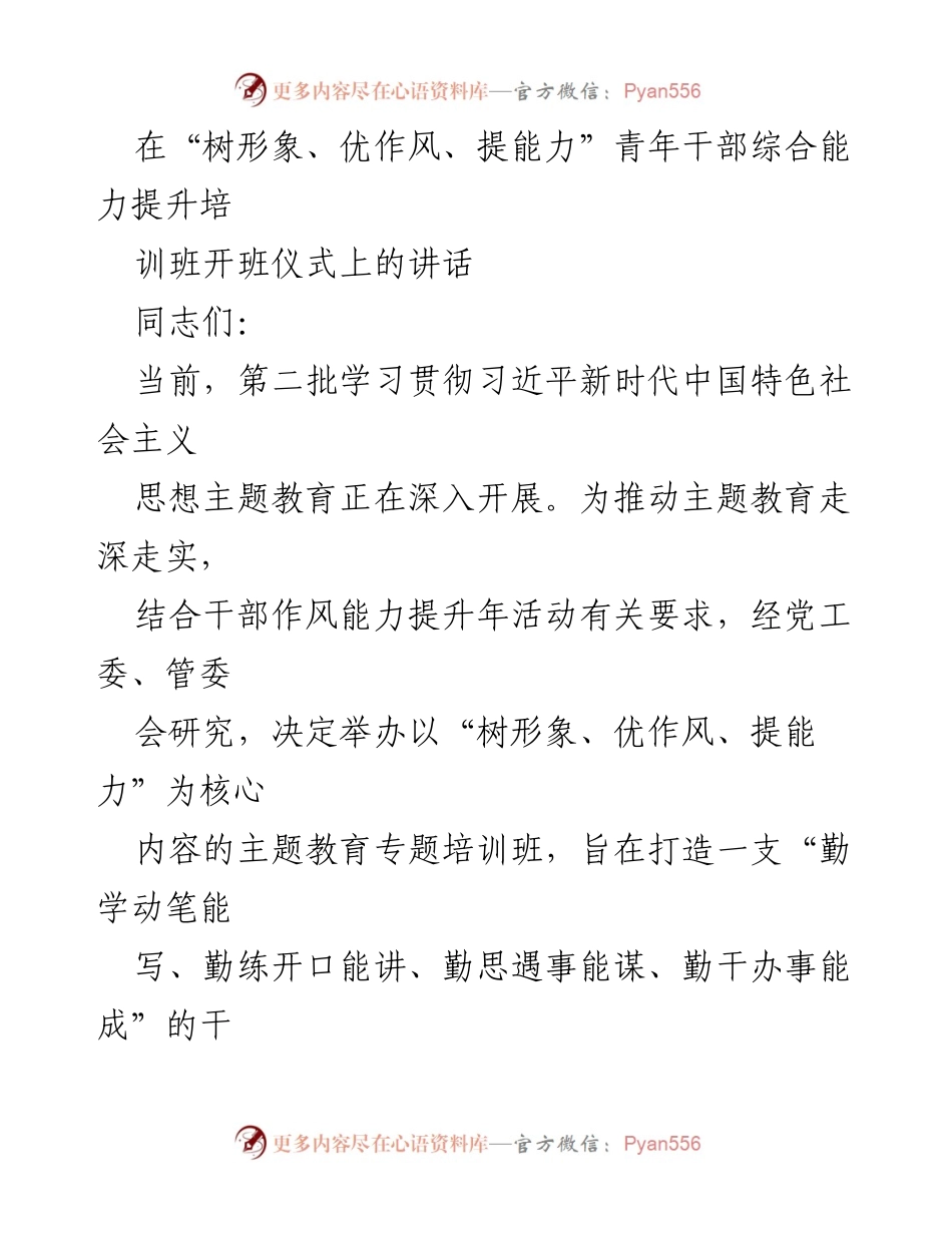 [发言] 培训班开班仪式 - “树形象、优作风、提能力”青年干部培训班开班讲话.docx_第1页