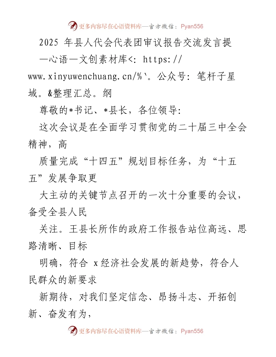 [发言] 县人代会 - 2025年县人代会代表团审议报告交流发言提纲.docx_第1页