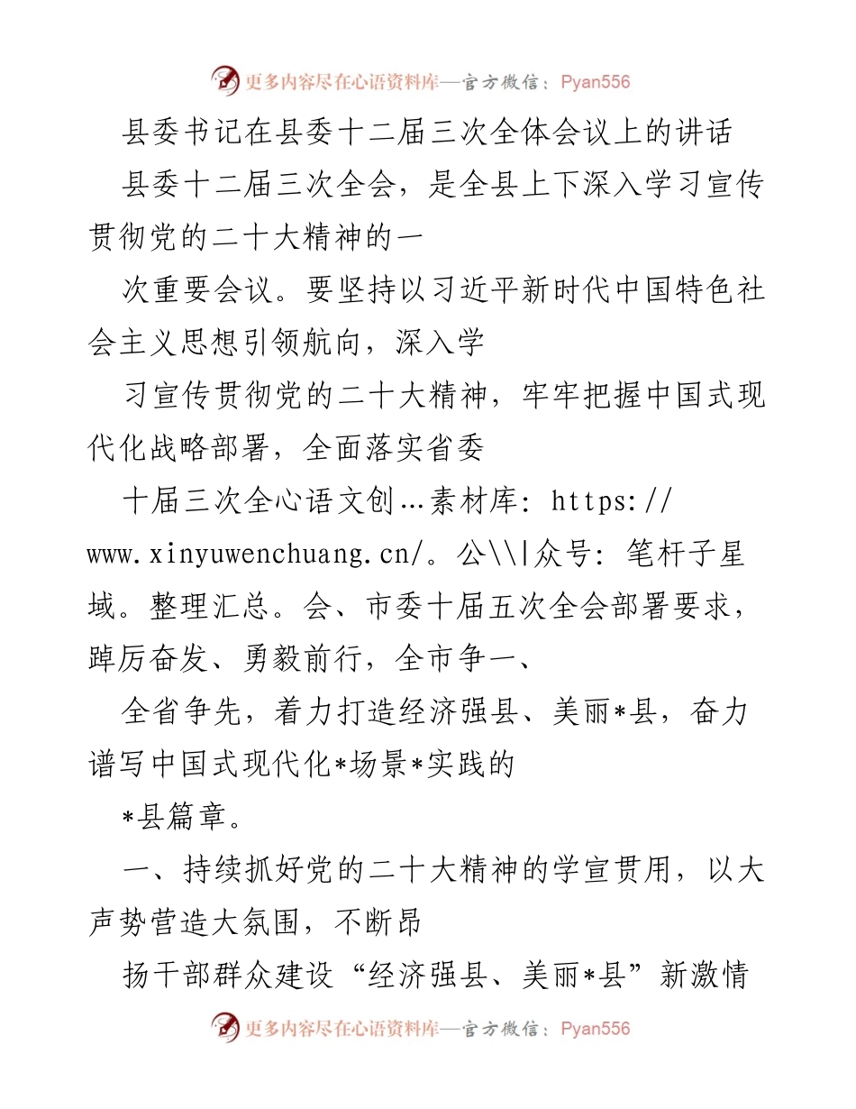 [发言] 县委全体会议 - 深入学习贯彻党的二十大精神，推动经济强县建设.docx_第1页