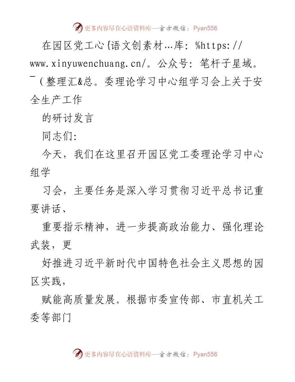[发言] 园区党工委理论学习中心组学习会 - 深入学习习近平总书记关于安全生产的重要论述_1.docx_第1页