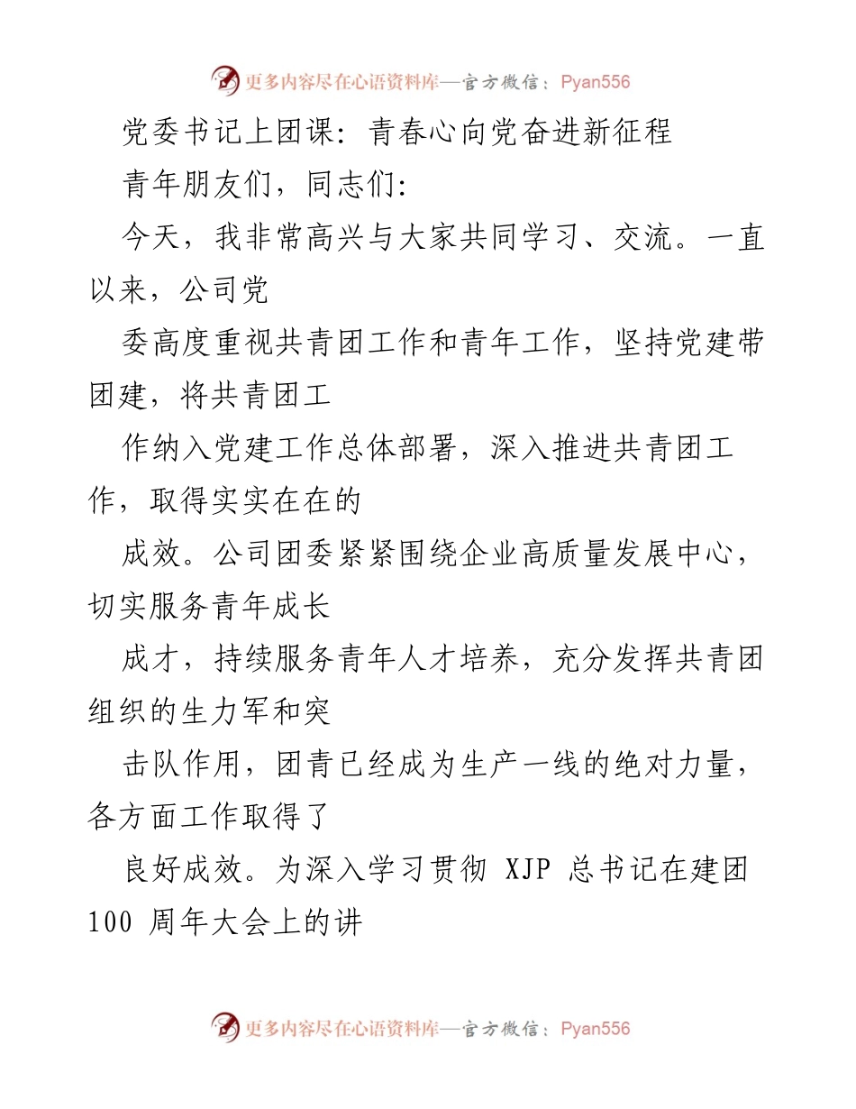 [发言] 团课 - 青春心向党，奋进新征程：深化共青团工作与青年成长.docx_第1页