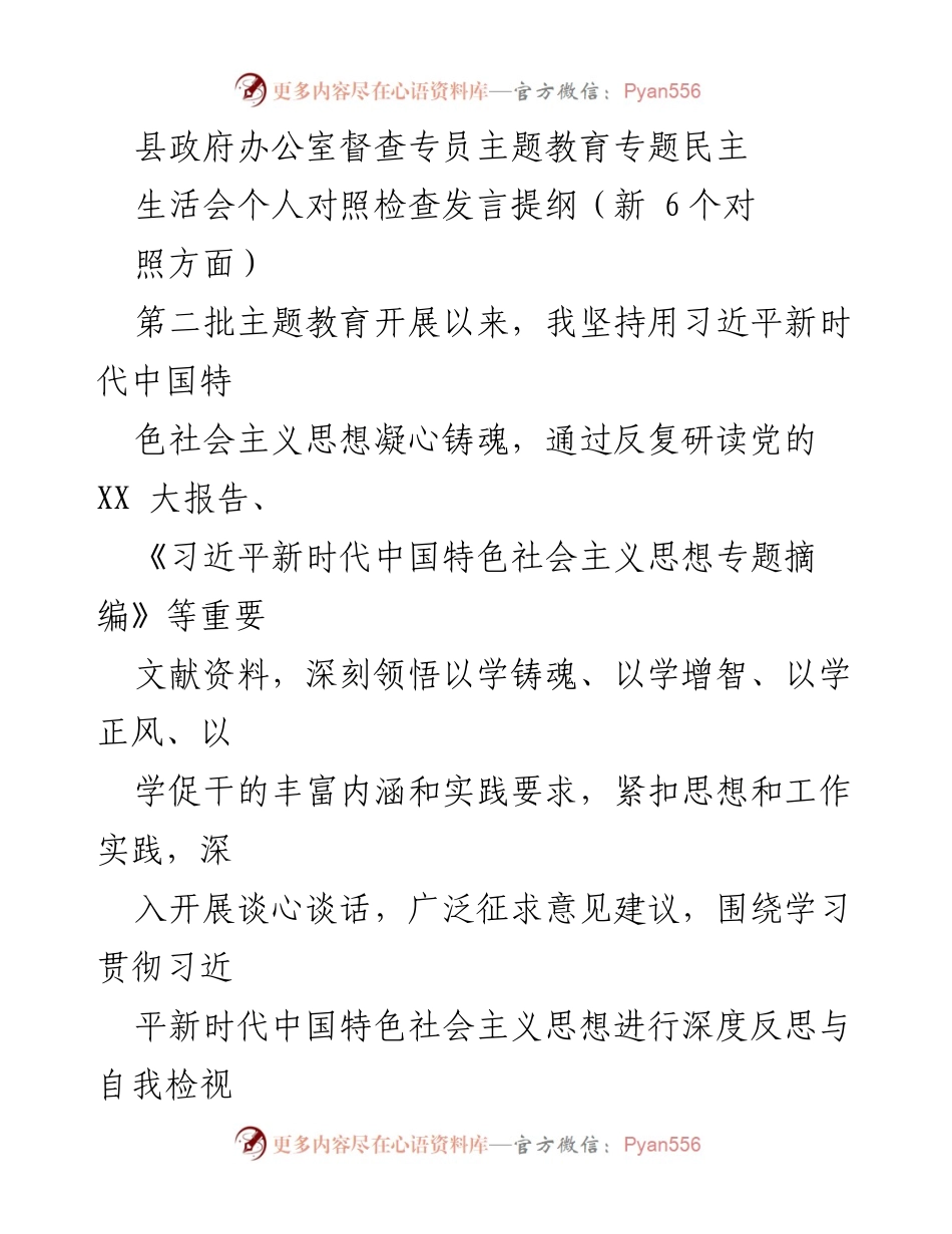 [发言] 县政府办公室主题教育民主生活会 - 个人对照检查发言提纲.docx_第1页