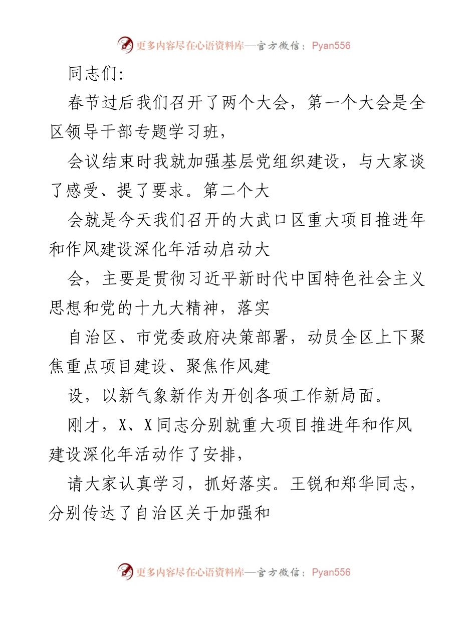 [发言] 大武口区重大项目推进年启动大会 - 加强基层党组织建设，推动作风转变与项目落实.docx_第1页