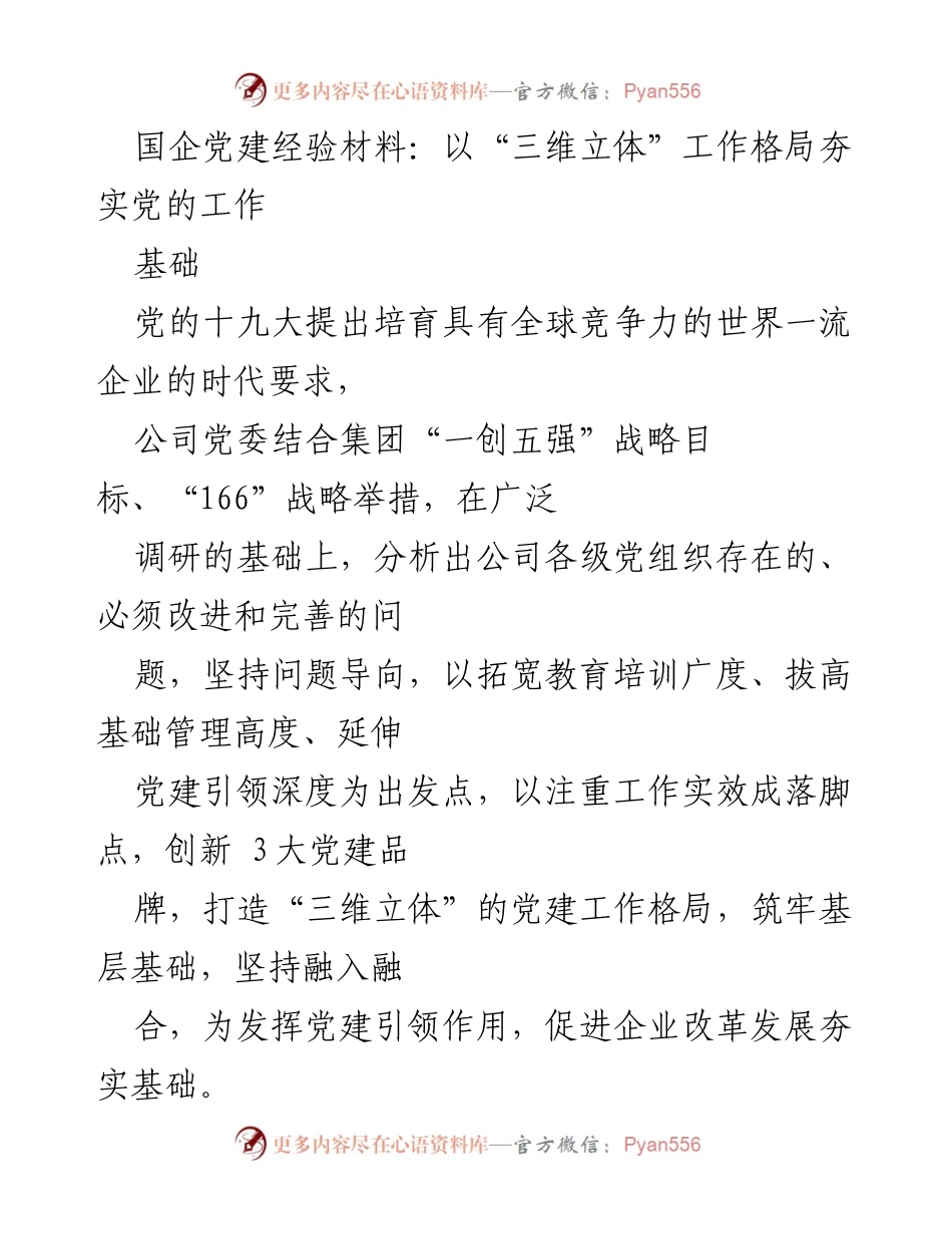 [发言] 国企党建工作会议 - 打造“三维立体”党建格局，夯实企业发展基础.docx_第1页