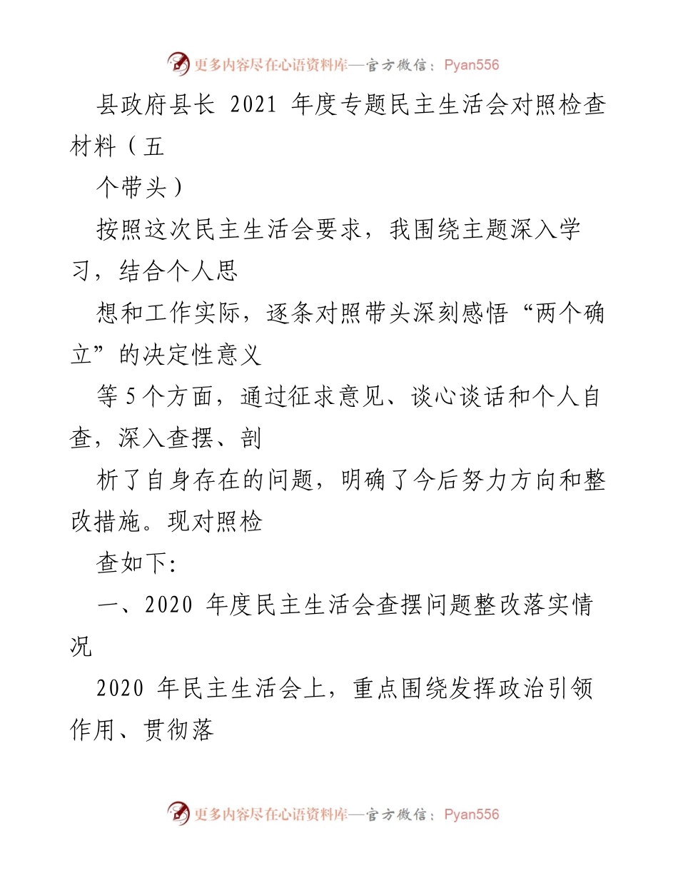 [发言] 县政府年度民主生活会 - 2021年度专题民主生活会对照检查材料分析与整改措施.docx_第1页