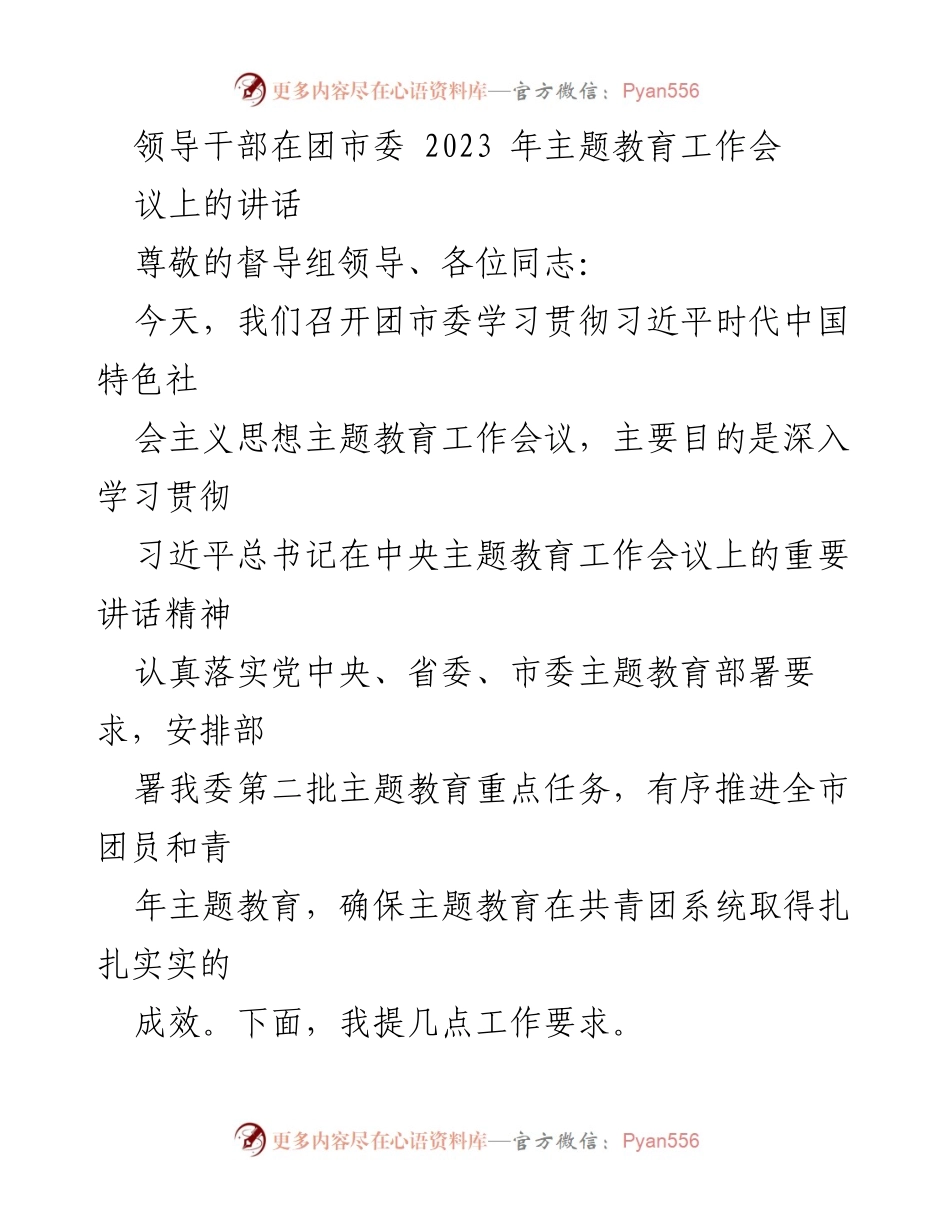 [发言] 团市委 2023 年主题教育工作会议 - 深入推进团员和青年主题教育的工作要求.docx_第1页