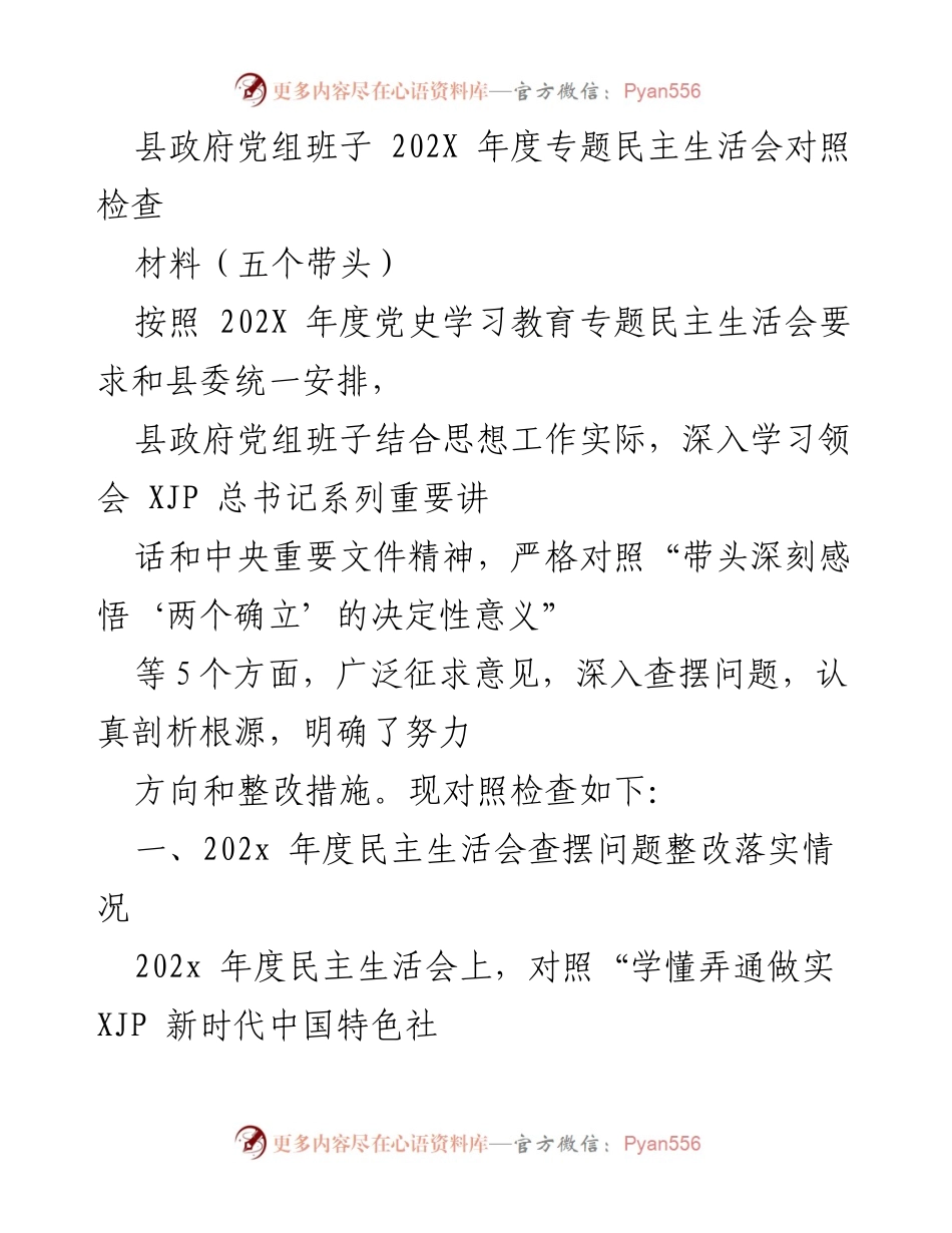 [发言] 县政府党组班子年度专题民主生活会 - 202X年度专题民主生活会对照检查与整改措施总结.docx_第1页