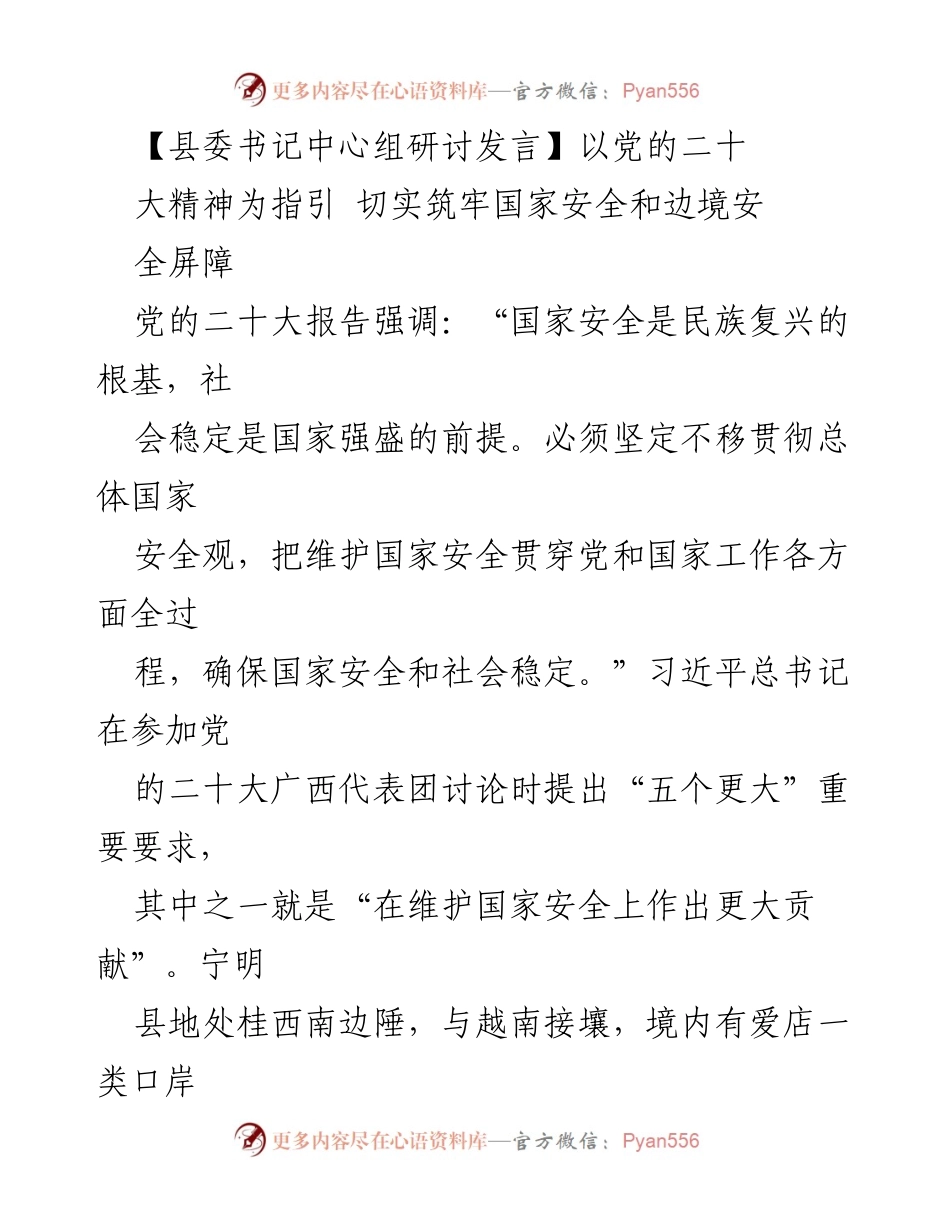 [发言] 县委书记中心组研讨 - 以党的二十大精神为指引，筑牢国家安全和边境安全屏障.docx_第1页