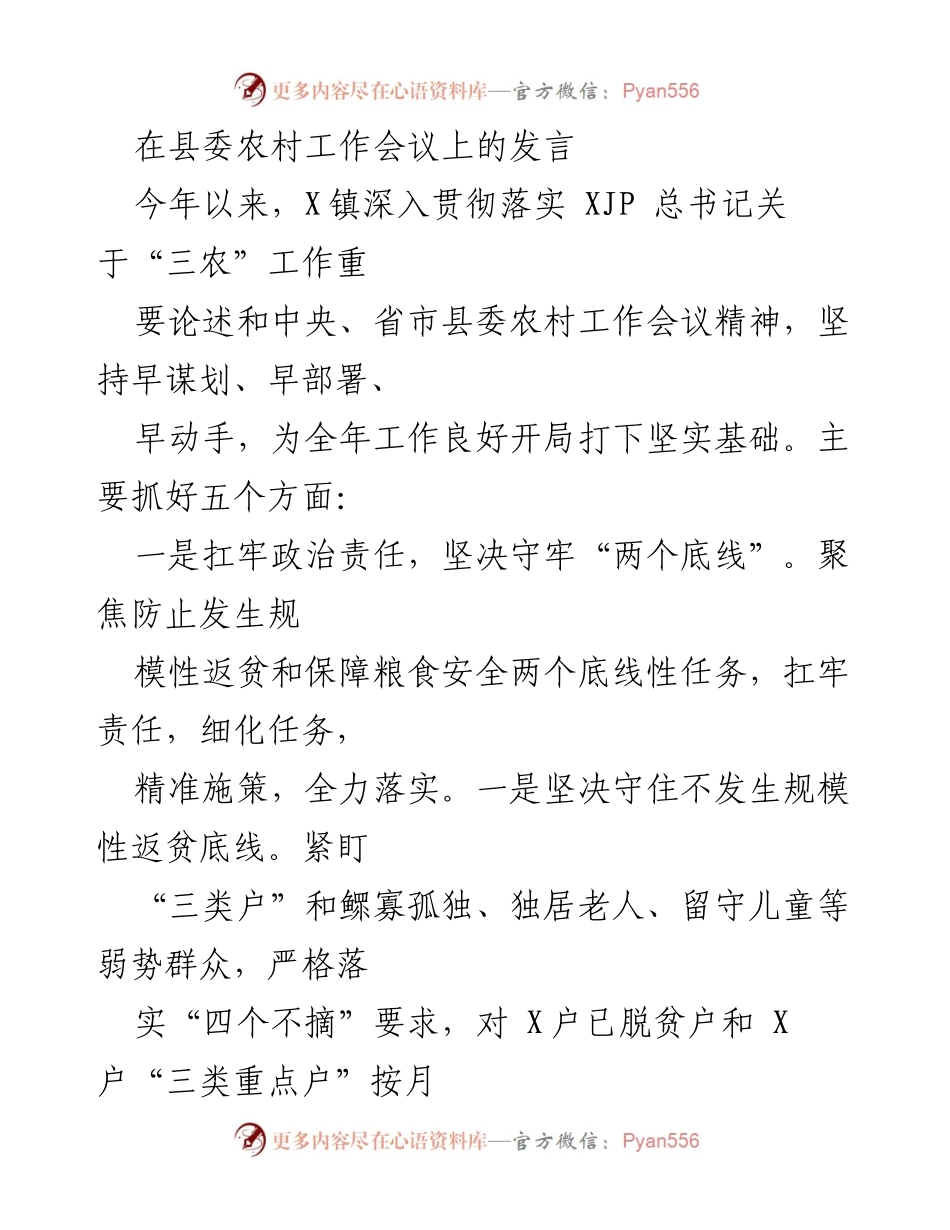 [发言] 县委农村工作会议 - 深入贯彻“三农”工作，确保粮食安全与防止返贫.docx_第1页