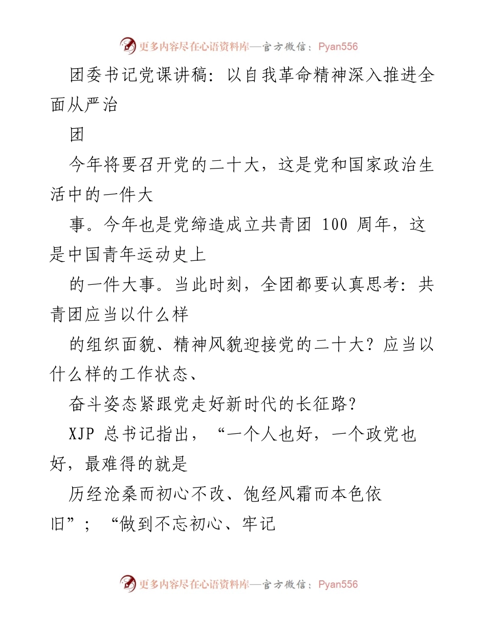 [发言] 团委书记党课 - 深入推进全面从严治团的自我革命精神.docx_第1页