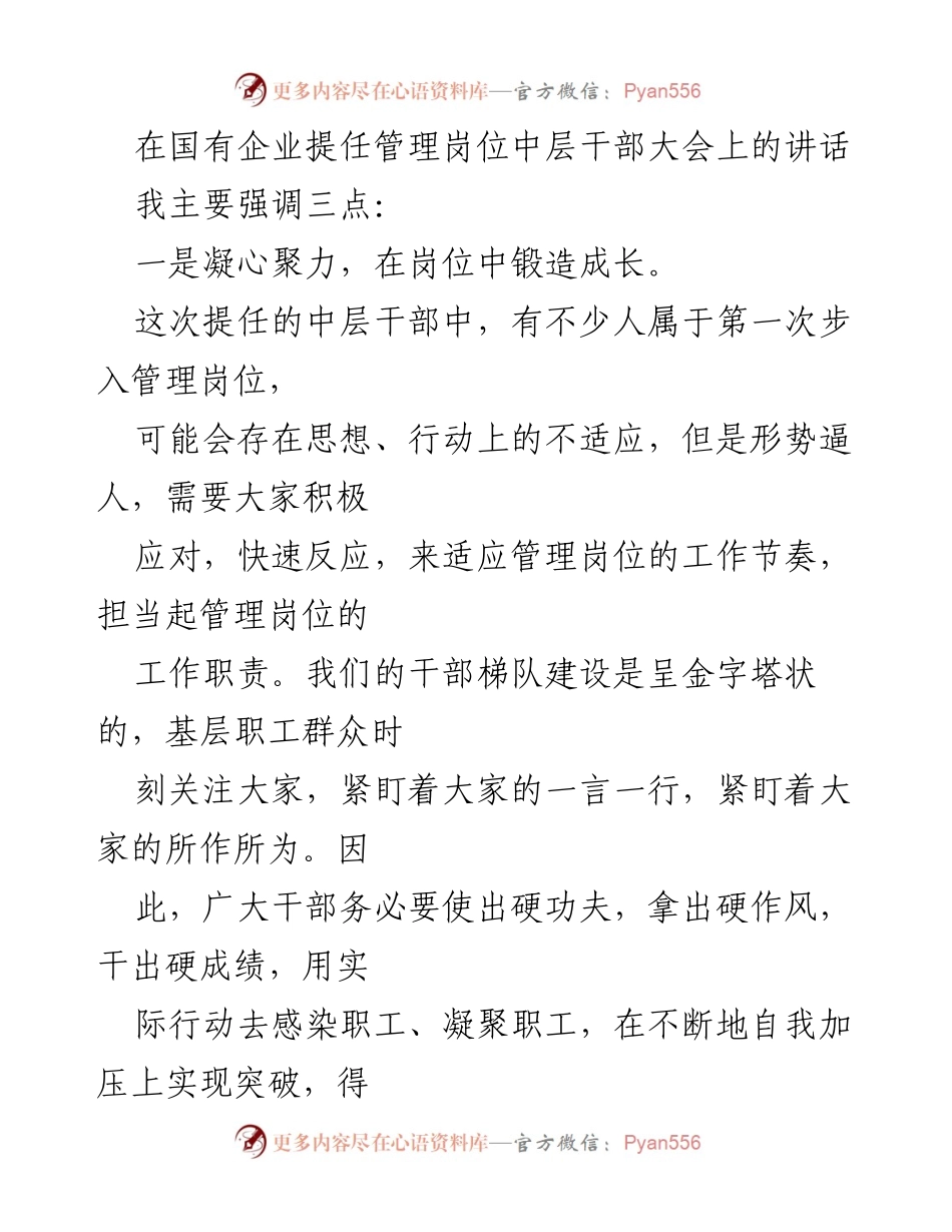 [发言] 国有企业中层干部大会 - 提升自我与责任感，推动企业高质量发展.docx_第1页