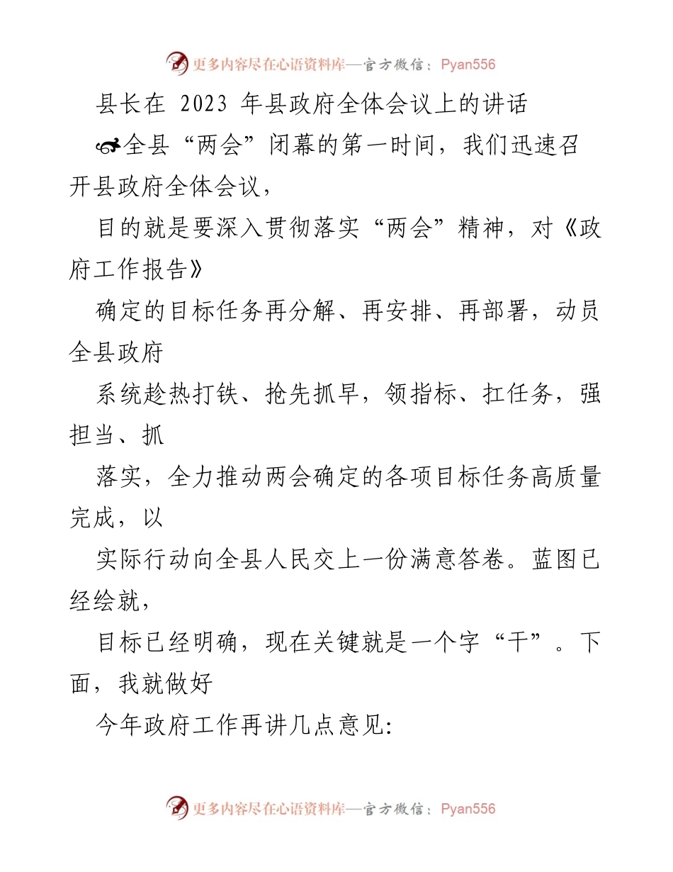 [发言] 县政府全体会议 - 全力推动“两会”精神落实，确保政府工作高质量完成.docx_第1页