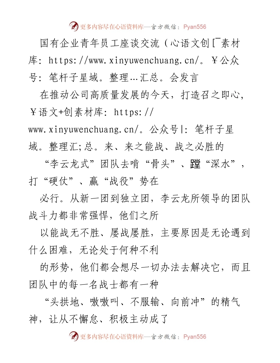 [发言] 国有企业青年员工座谈交流会 - 打造“李云龙式”团队，助力公司高质量发展.docx_第1页