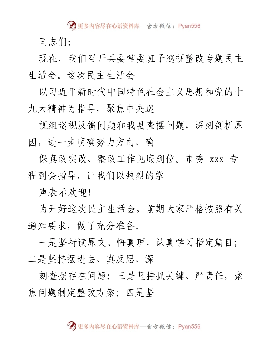 [发言] 县委常委班子巡视整改专题民主生活会 - 深刻剖析与整改落实的主题发言.docx_第1页