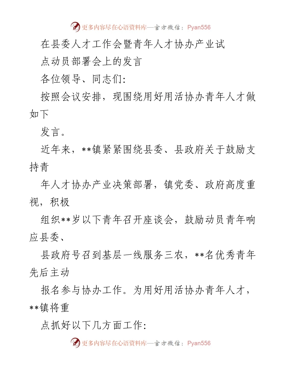 [发言] 县委人才工作会 - 用好青年人才协办产业的有效策略.docx_第1页