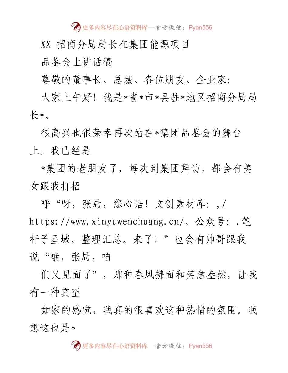 [发言] 品鉴会 - 招商分局局长在集团能源项目品鉴会上的致辞.docx_第1页