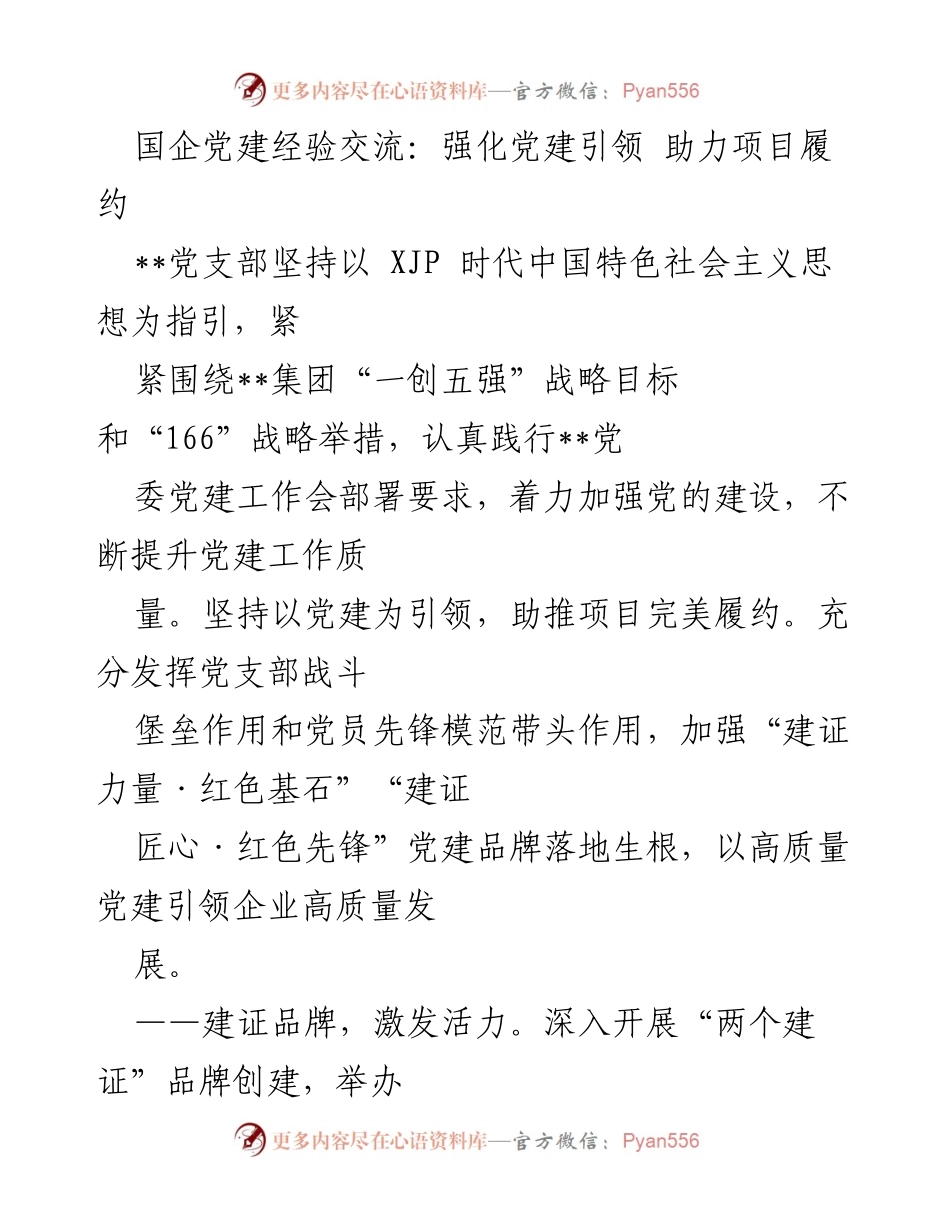 [发言] 国企党建经验交流会 - 强化党建引领，助力项目履约的实践与成效_1.docx_第1页