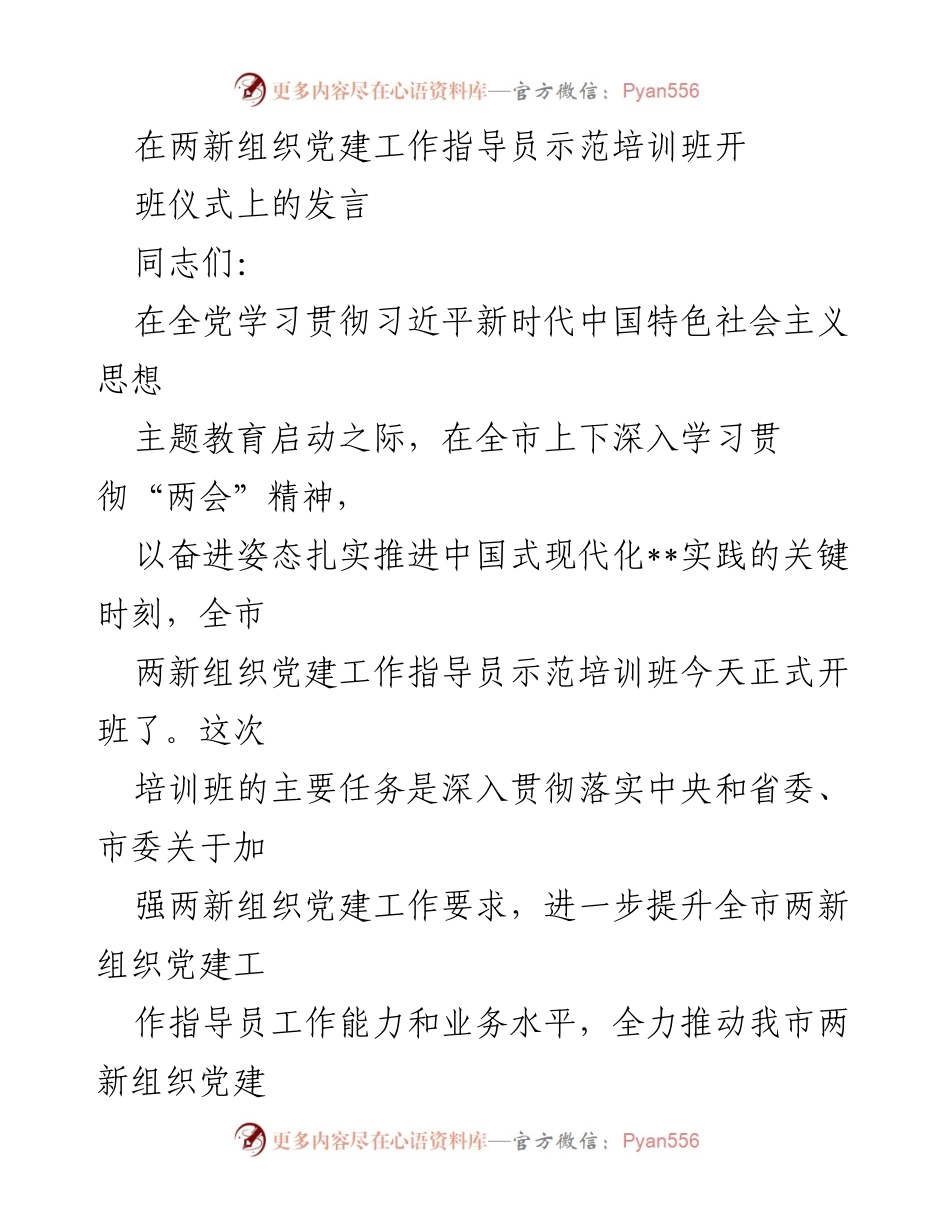 [发言] 培训班开班仪式 - 加强两新组织党建工作指导员培训的重要性与任务.docx_第1页
