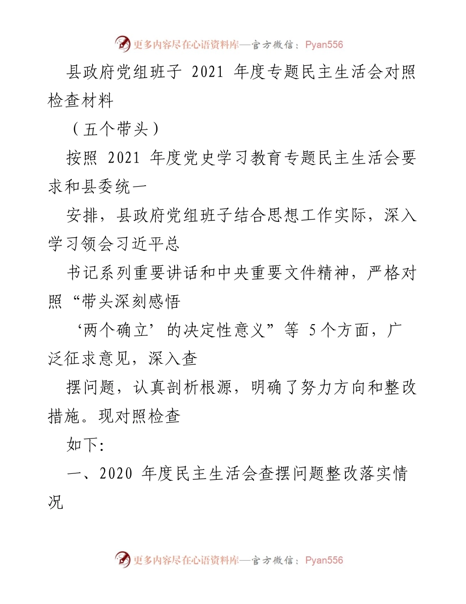 [发言] 县政府党组班子年度专题民主生活会 - 2021年度专题民主生活会对照检查与整改措施总结.docx_第1页