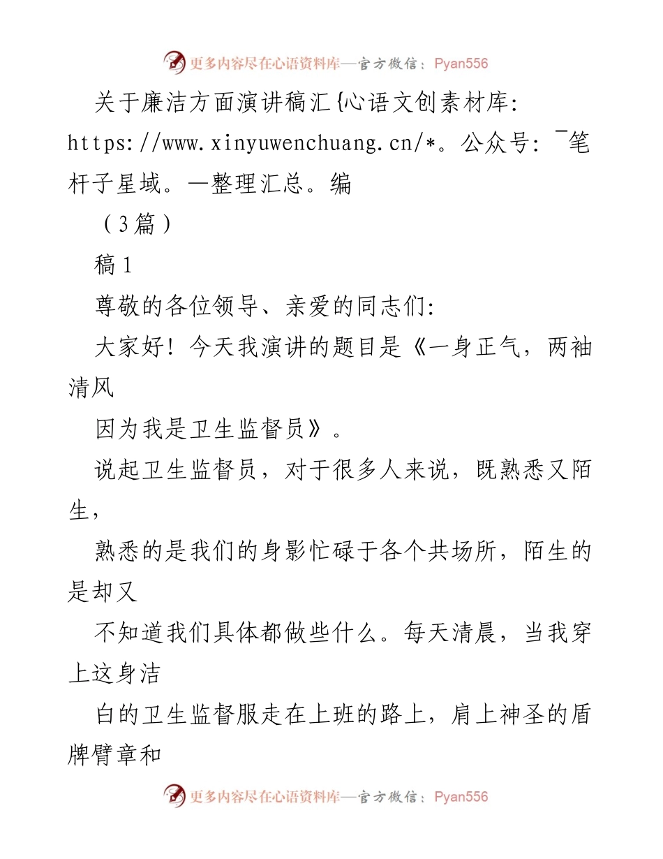 [发言] 卫生监督员大会 - 《一身正气，两袖清风：卫生监督员的使命与担当》.docx_第1页