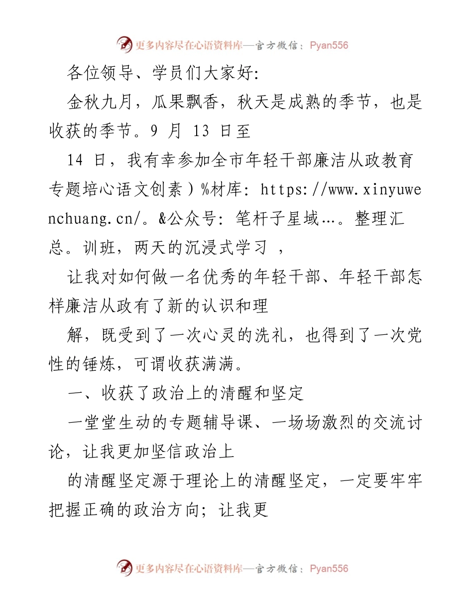 [发言] 培训班 - 年轻干部的廉洁从政教育与成长心得.docx_第1页