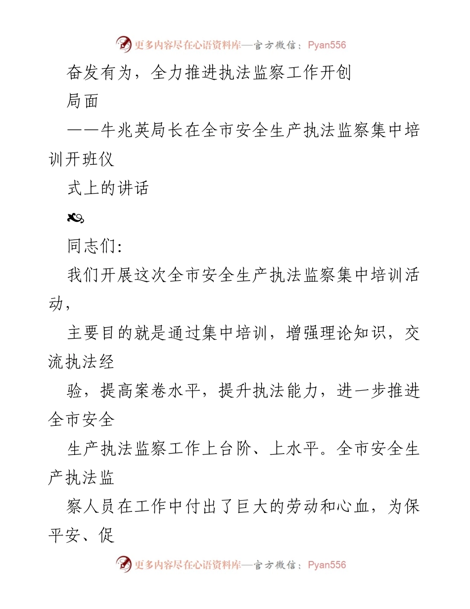 [发言] 培训开班仪式 - 全力推进安全生产执法监察工作新局面.docx_第1页