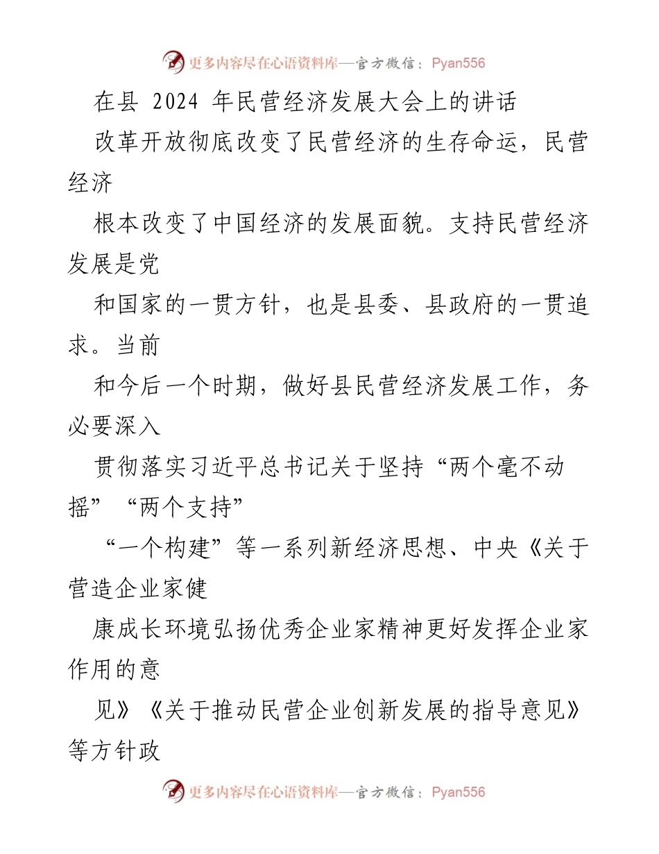 [发言] 县2024年民营经济发展大会 - 深入贯彻新经济思想，推动县民营经济高质量发展.docx_第1页