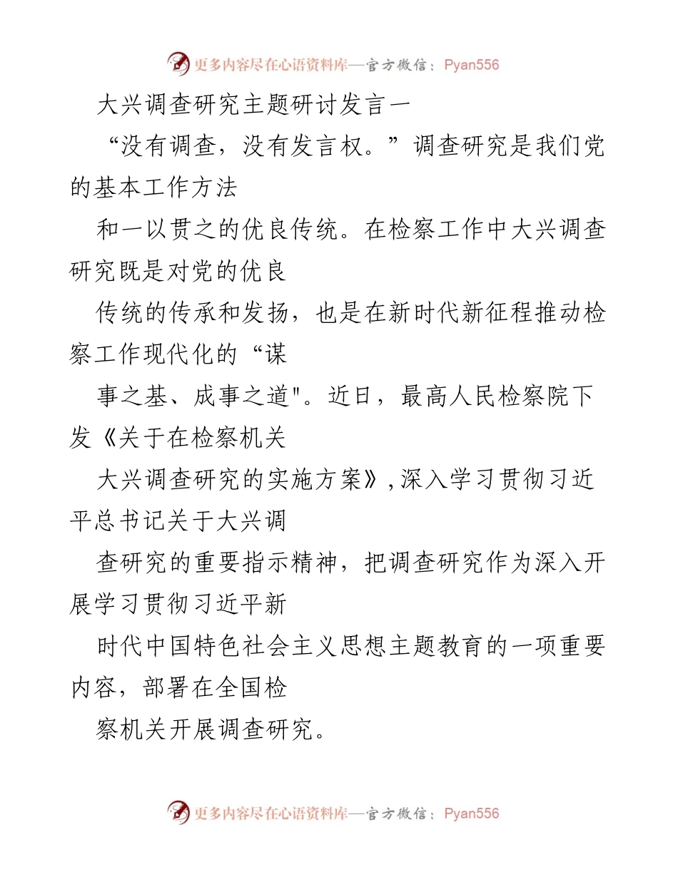 [发言] 大兴调查研究主题研讨 - 深入调查研究，推动检察工作现代化.docx_第1页